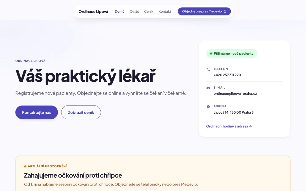 Ukázka webu ordinace v motivu Aurora