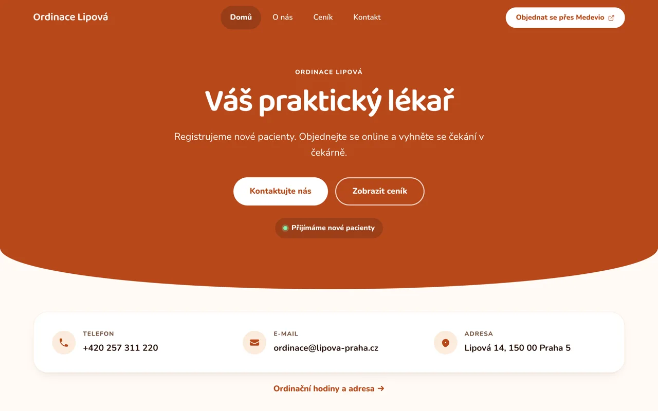 Ukázka webu ordinace v motivu Bloom