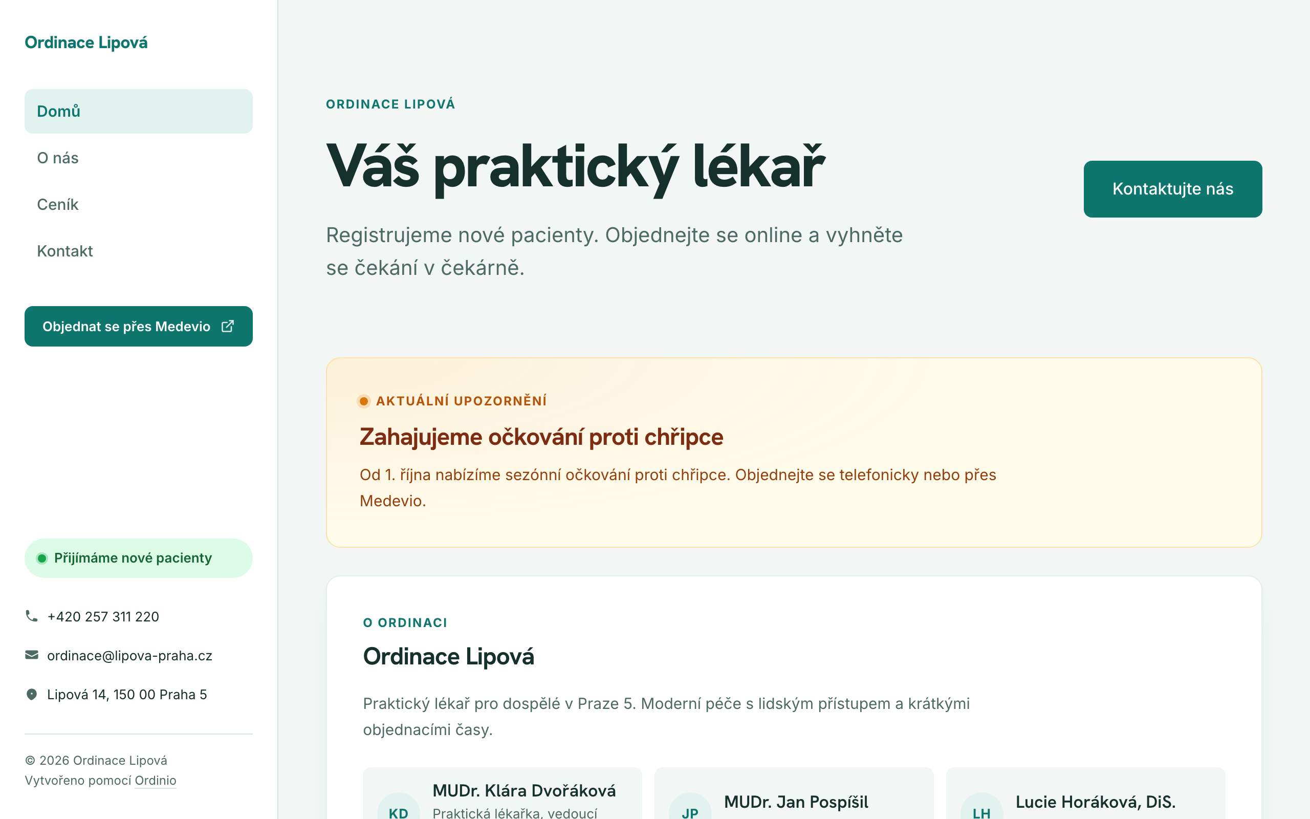 Ukázka webu ordinace v motivu Slate
