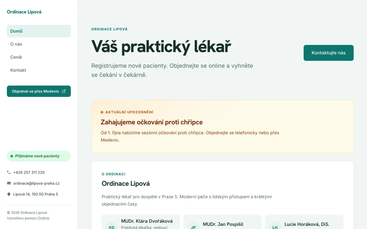 Ukázka webu ordinace v motivu Slate