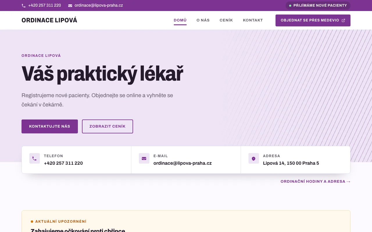 Ukázka webu ordinace v motivu Stride